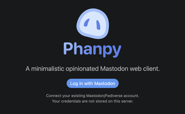 Logo Phanpy (deux petits trous de nez d'un éléphant je suppose) suivi de "Un client dogmatique et minimaliste pour Mastodon".